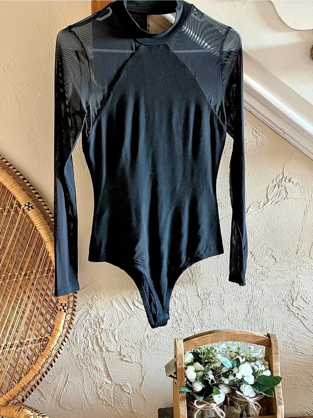 Lulus Entrancing Black Mesh Long Sleeve Bodysuit small